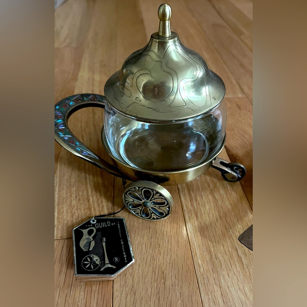 Mid-century Israeli cruet set and trivet.